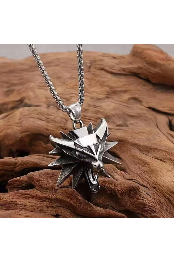 Punk Goth Rock Wolf Head Pendant Necklace The Witcher Jewelry For Men Unisex 24"