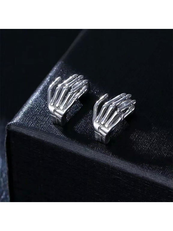 Punk Gothic Silver Skeleton Skull Hand Men Stainless Steel Ear Stud Earrings