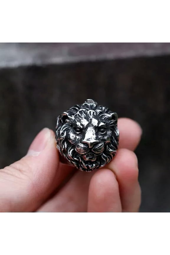 Punk Hip Hop Stainless Steel Animal King Crown Fierce Lion Head Signet Ring-11