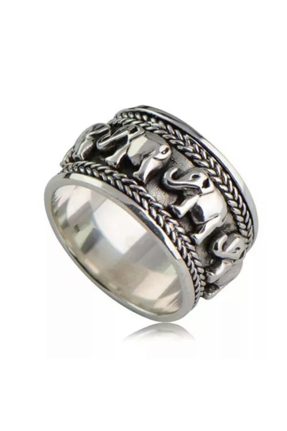 Punk Men's 925 Tibetan Silver Elephant Rings Fashion Women Retro Band Ring #7-12-7 mm-Silver