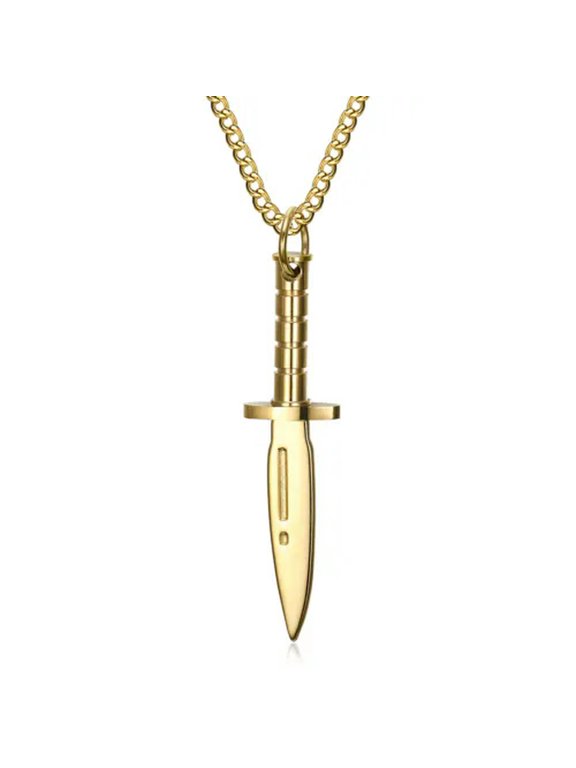 Punk Sword Dagger Knife Pendant Men's Necklace Chain Stainless Steel Biker Gift-Gold