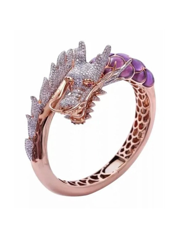 Punk Women Dragon Rings 14k Rose Gold Plated White Crystal Size 5-11-7