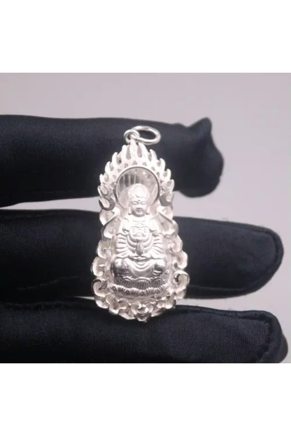Pure 999 Fine Silver Men Women Lucky Bless Happy Flame Guanyin Pendant 10.66g