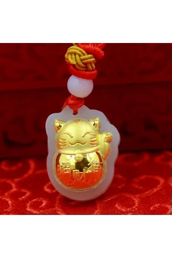 Pure 999 Yellow Gold Leaf Natural Jade Lucky Wealth Fortune Cat Pendant