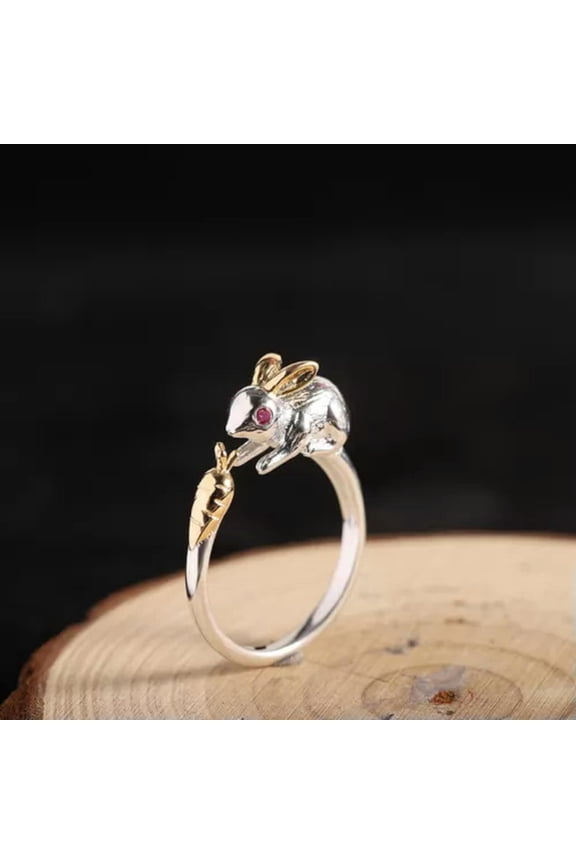 Pure S925 Sterling Silver Band Men Women Lucky Cute Rabbit Eats Radish Open Ring