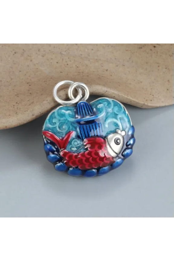 Pure S925 Sterling Silver Men Women Enamel Koi Lucky Fish Ruyi Lock Pendant 7g