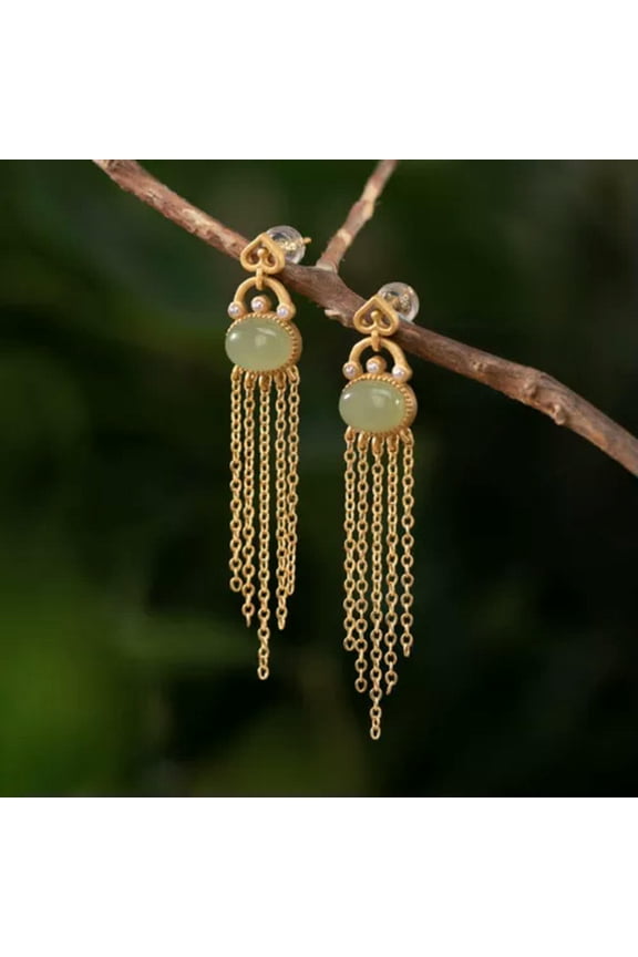 Pure S925 Sterling Silver Stud Natural Nephrite Jade Tassel Dangle Earrings