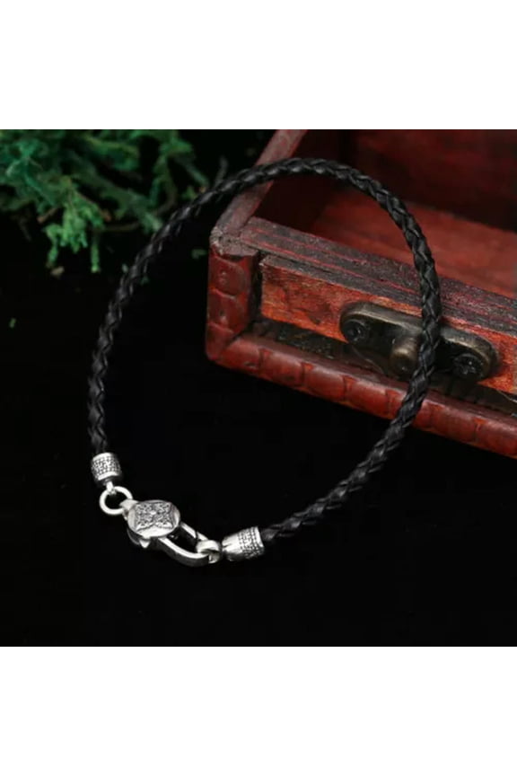 Pure S925 Sterling Silver Vajra Mantra Black Red Leather Cord Bracelet 7.1-7.9''-Black-7.9 in