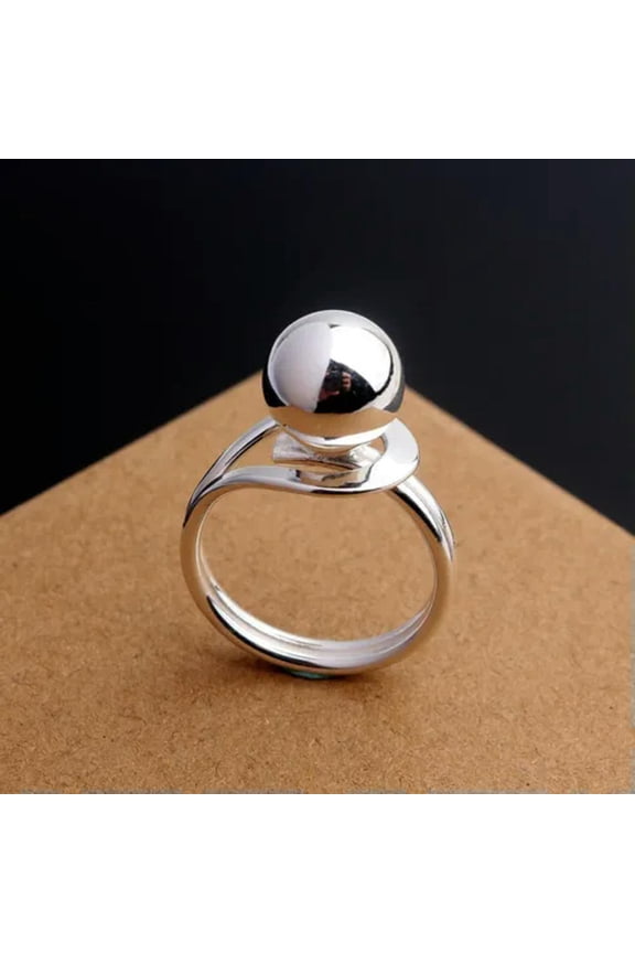 Pure S990 Fine Silver Band Women Lucky Smooth Glossy Round Bead Ball Ring