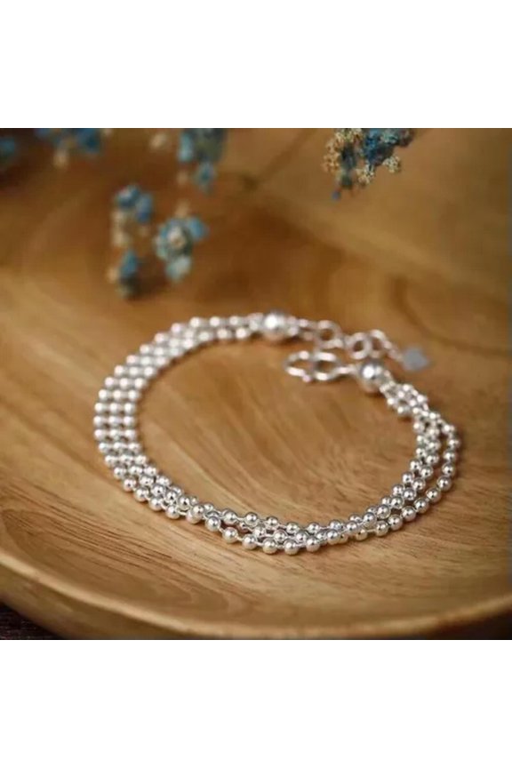 Pure S990 Fine Silver Chain Women Three Rows Small Beaded Link Bracelet 10g