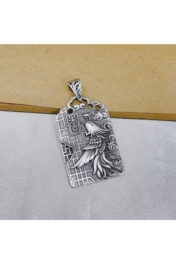Pure S999 Fine Silver Lucky Carved Striped Plaid Phoenix Oblong Pendant 17g