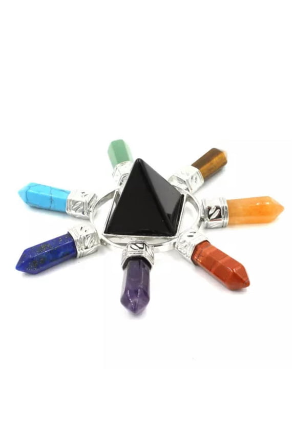 Pyramid Energy Generator 7 Reiki Chakra Crystal Healing Hexagon Point Gemstones-Obsidian