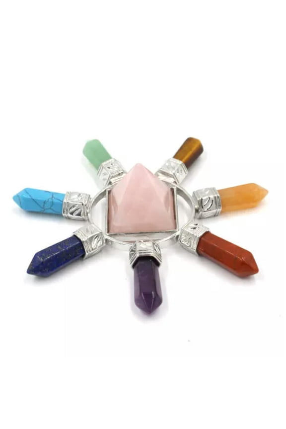 Pyramid Energy Generator 7 Reiki Chakra Crystal Healing Hexagon Point Gemstones-Rose Quartz