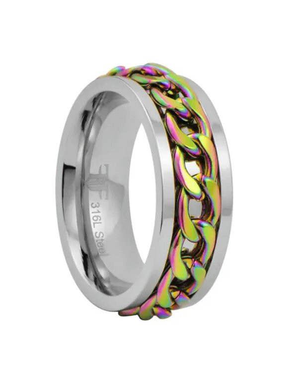 Rainbow Chain Spinner Ring Stainless Steel Anti Anxiety Meditation Band Sz 3-17-5