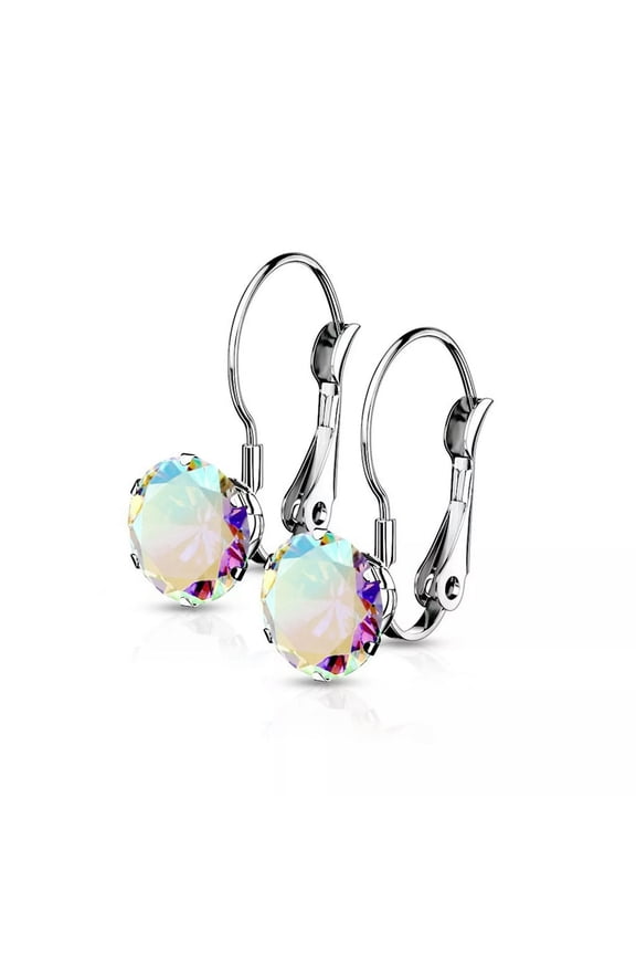Rainbow Cubic Zirconia Crystal Drop Earrings Leverback Silver Stainless Steel