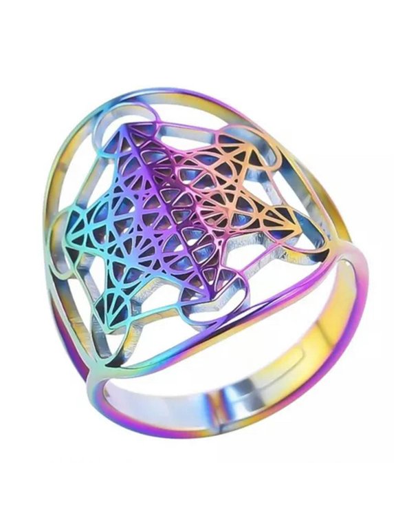 Rainbow Metatrons Cube Ring Stainless Steel Spiritual Sacred Geometry Band-8