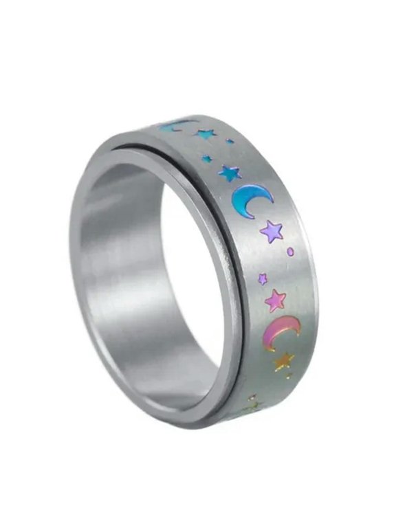 Rainbow Moon Stars Spinner Ring Stainless Steel Celestial Stress Reliever Band-13