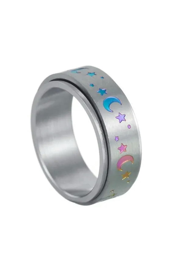 Rainbow Moon Stars Spinner Ring Stainless Steel Celestial Stress Reliever Band-6