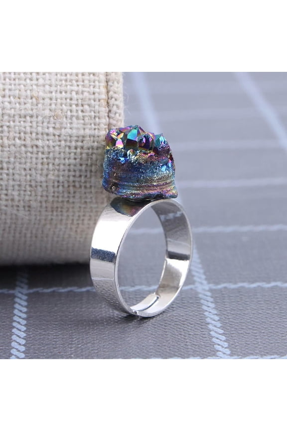 Rainbow Titanium Crystal Agate Druzy Quartz Geode Ring Adjustable Jewelry