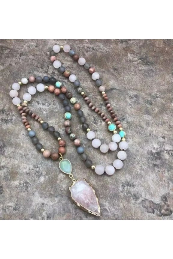 Raw Rose Quartz Arrowhead Charm Mala Beads Healing Protection Knotted Necklace