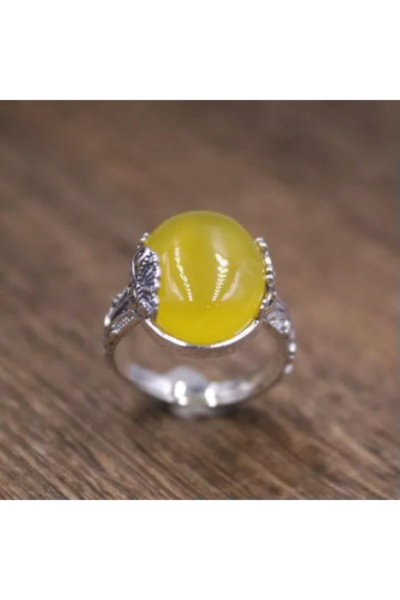 Real 925 Sterling Silver Band Women Lucky Yellow Jade Carved Leaf Ring