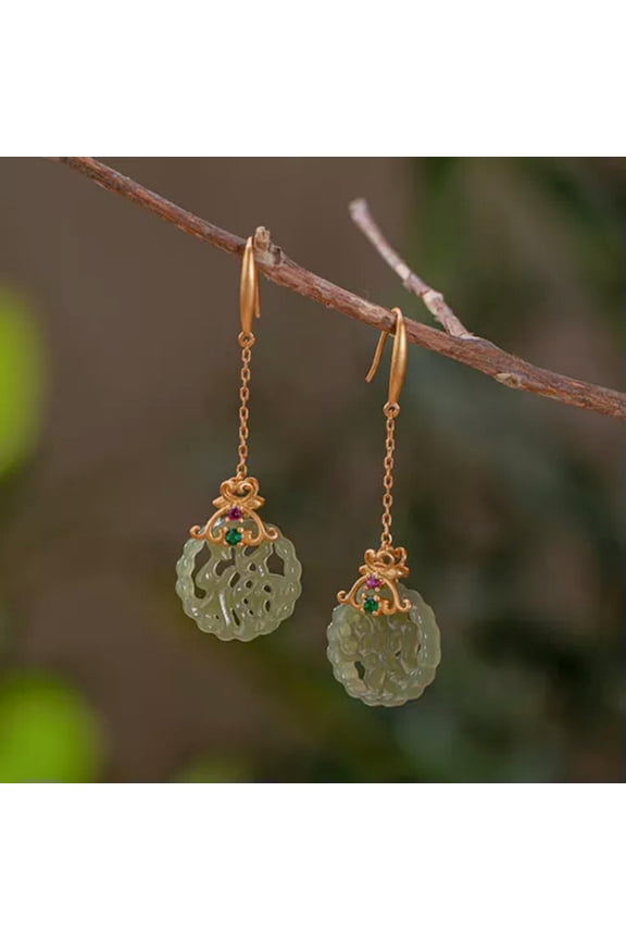 Real 925 Sterling Silver Dangle Natural Jade Chinese Characters Fu Earrings