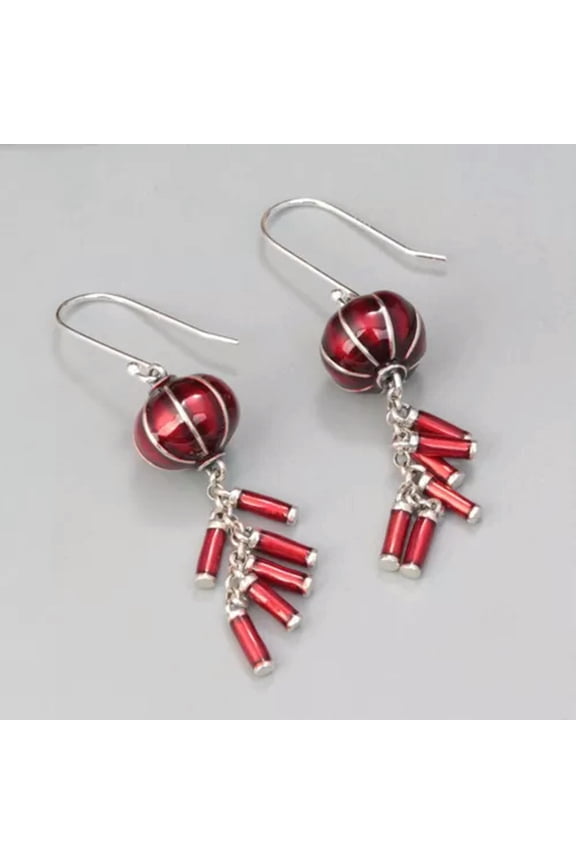 Real 925 Sterling Silver Enamel Red Lantern Tassel Dangle Auspicious Earrings