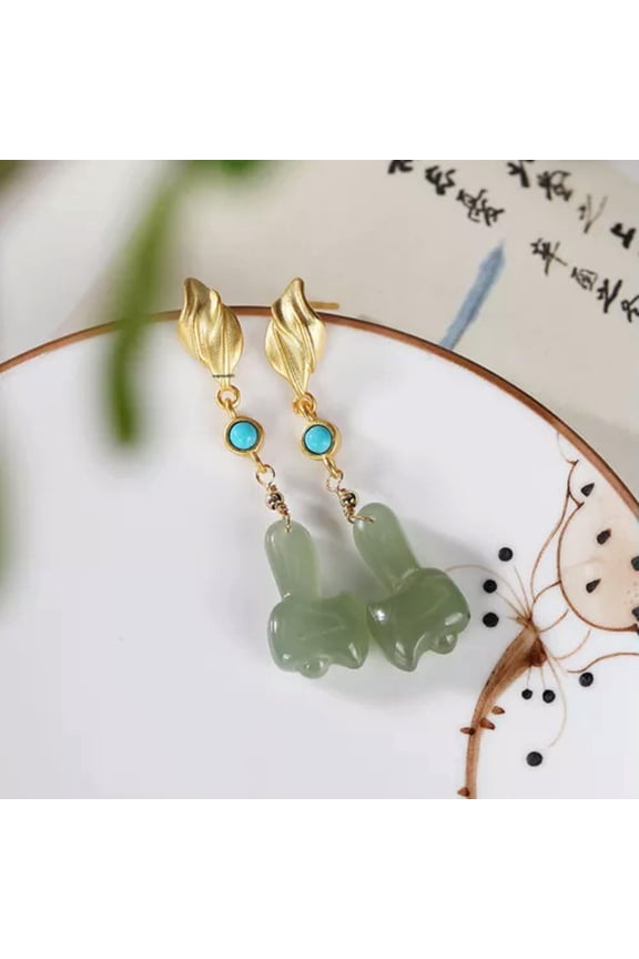 Real 925 Sterling Silver Stud Natural Jade Axe Leaf Dangle Earrings