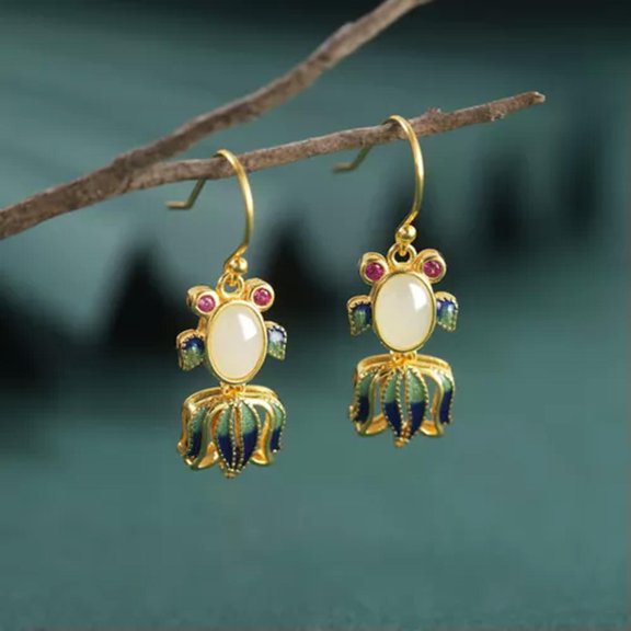 MATROOY Real S925 Sterling Silver Dangle Natural Jade Perfect Enamel Lucky Fish Earrings