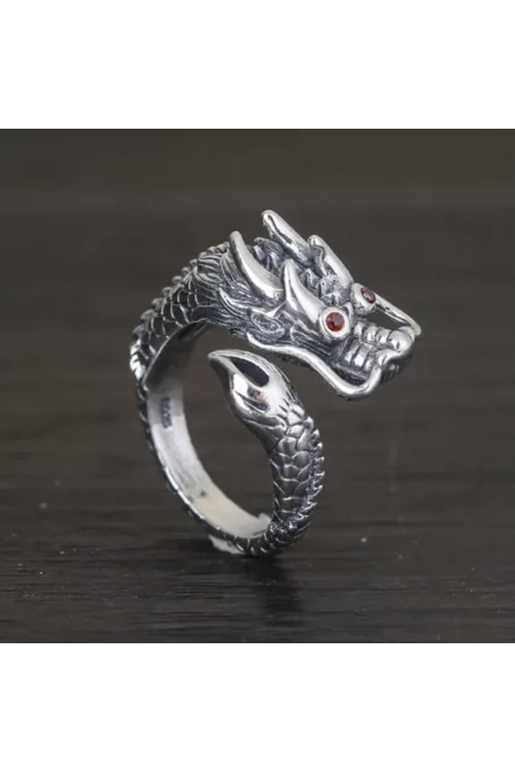Real Solid 925 Sterling Silver Band Men Women Lucky Carved Dragon Open Ring