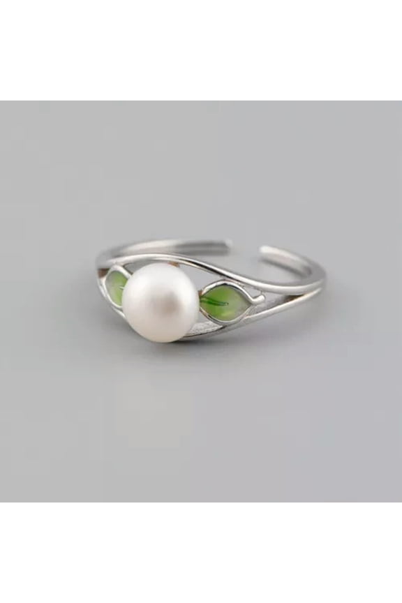 Real Solid 925 Sterling Silver Band Men Women Lucky Enamel Leaf Pearl Open Ring