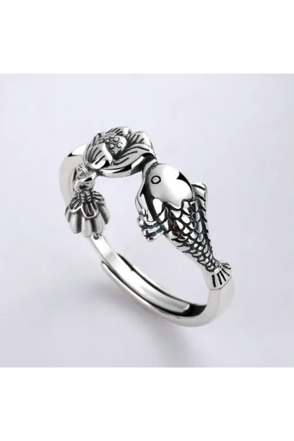 Real Solid 925 Sterling Silver Band Men Women Lucky Fish Retro Lotus Tassel Ring