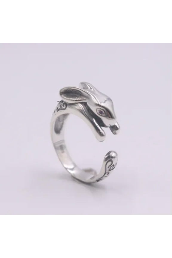 Real Solid 925 Sterling Silver Band Women Lucky Pattern Rabbit Open Ring