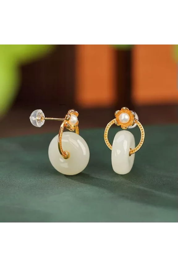 Real Solid 925 Sterling Silver Stud Natural Jade Circle Pearl Flower Earrings