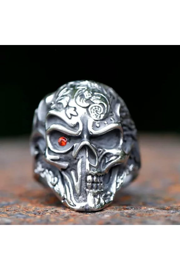 Red CZ Eye Evil Skull Ring Vintage Stainless Steel Men's Gothic Skull Punk Ring-13