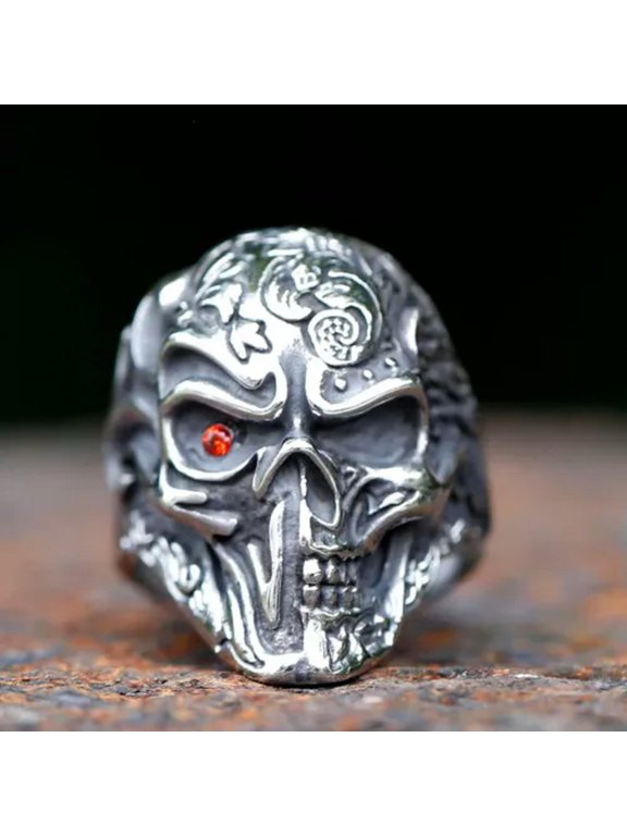 Red CZ Eye Evil Skull Ring Vintage Stainless Steel Men's Gothic Skull Punk Ring-9
