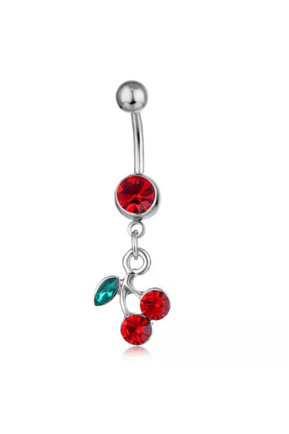 Red Cherry Green Leaf Zirconia Glitter Belly Button Ring Body Piercing Jewelry-1