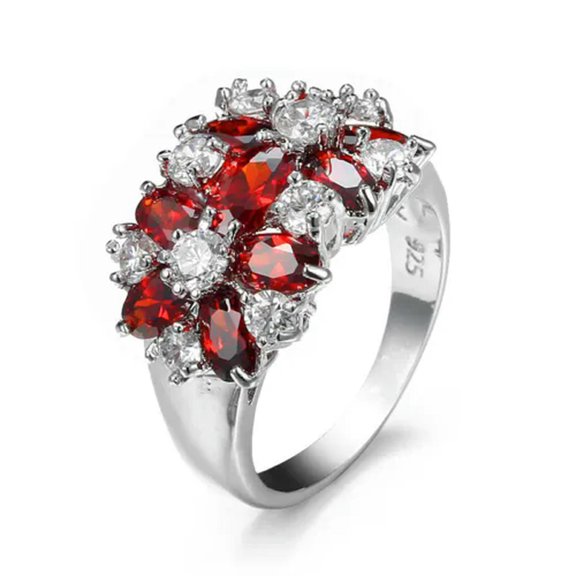 MATROOY Red Crystal Zircon Ring 925 Silver Ruby Flower Rings Women Fashion Retro Jewelry-7#
