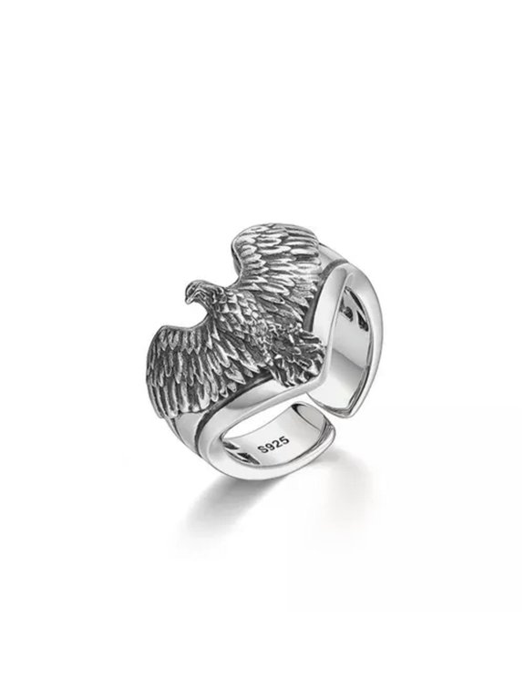 Resizable Vintage Flying Eagle Ring Wing Heart-shaped Ring Punk Style Jewelry-Silver-Resizable