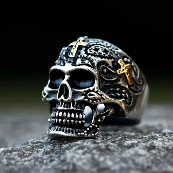 MATROOY Retro Gothic Cross Carved Skull Ring Stainless Steel Skeleton Punk Signet Ring-Part Gold CL-12