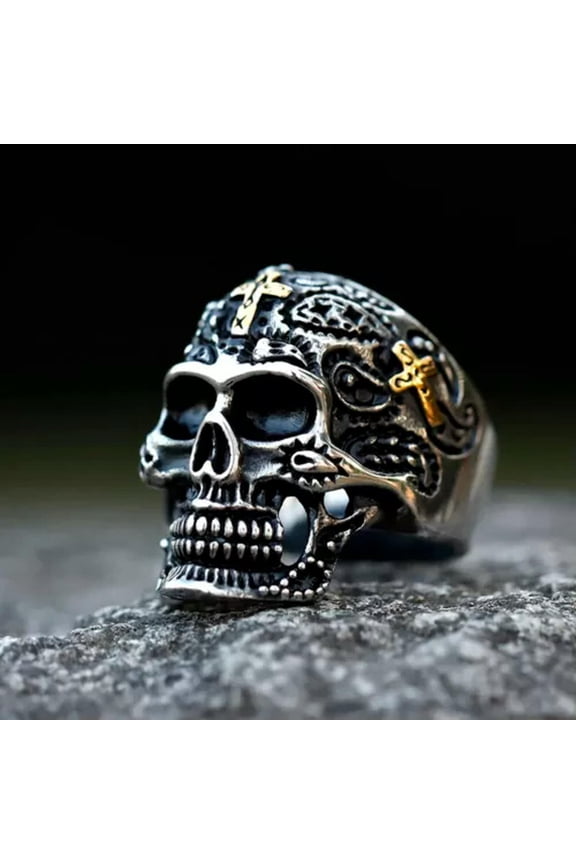 Retro Gothic Cross Carved Skull Ring Stainless Steel Skeleton Punk Signet Ring-Part Gold CL-7