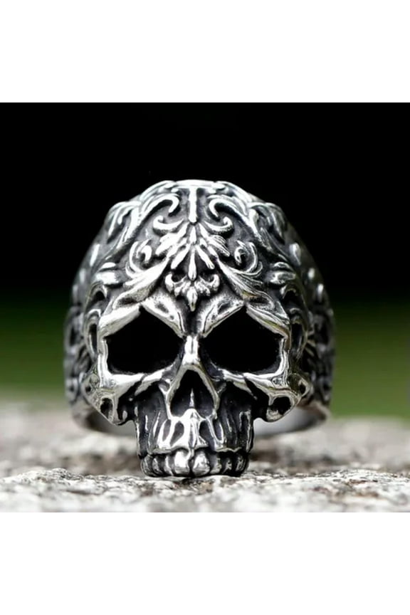 Retro Gothic Flower Carved Skull Ring Stainless Steel Skeleton Punk Signet Ring-9