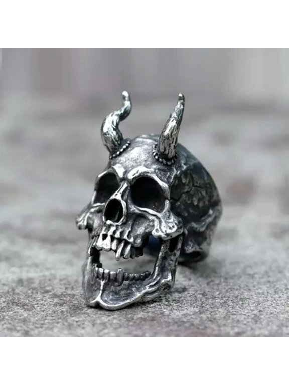 Retro Gothic Horned Satan Skull Ring Stainless Steel Skeleton Punk Signet Ring-11