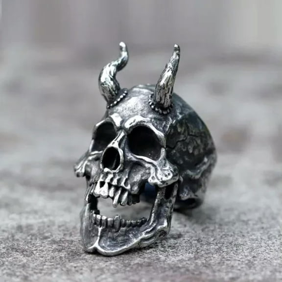 MATROOY Retro Gothic Horned Satan Skull Ring Stainless Steel Skeleton Punk Signet Ring-13