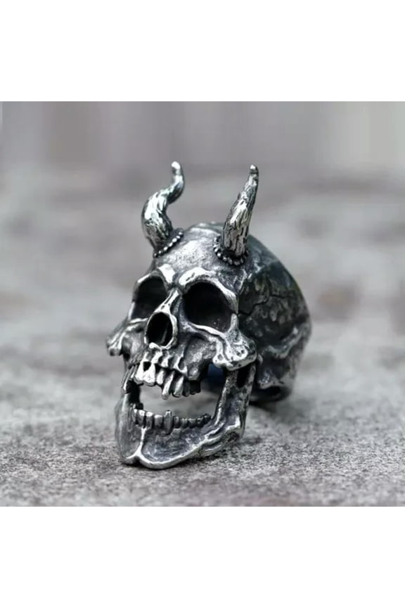 Retro Gothic Horned Satan Skull Ring Stainless Steel Skeleton Punk Signet Ring-8