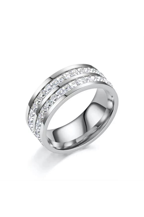 Rhinestone Rings Stainless Steel Fashion Jewelry Zircon Rings Women Finger Ring-silver double row-7