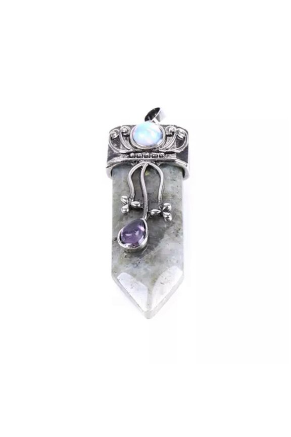 Rock Quartz Stone sword Pendant Hexagon Bead Energy Reiki Healing Amulet-Labradorite