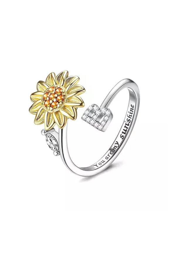 Rotating Sunflower Initial Letter Rings For Women Anti Anxiety Ring Jewelry-B