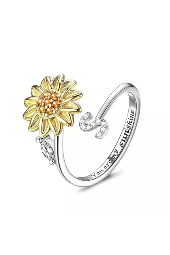 Rotating Sunflower Initial Letter Rings For Women Anti Anxiety Ring Jewelry-S