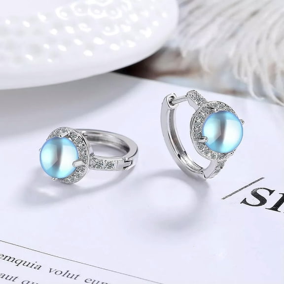 MATROOY Round Moonstone Crystal Earrings Women 925 Silver Hoop Huggie Earrings